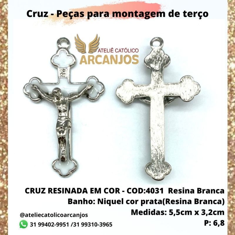 Cruz Níquel(Cor prata)Resinada em cores varidadas - Medidas: 5,5 x 3,2 cm (Pacote c/ 5 unidades)