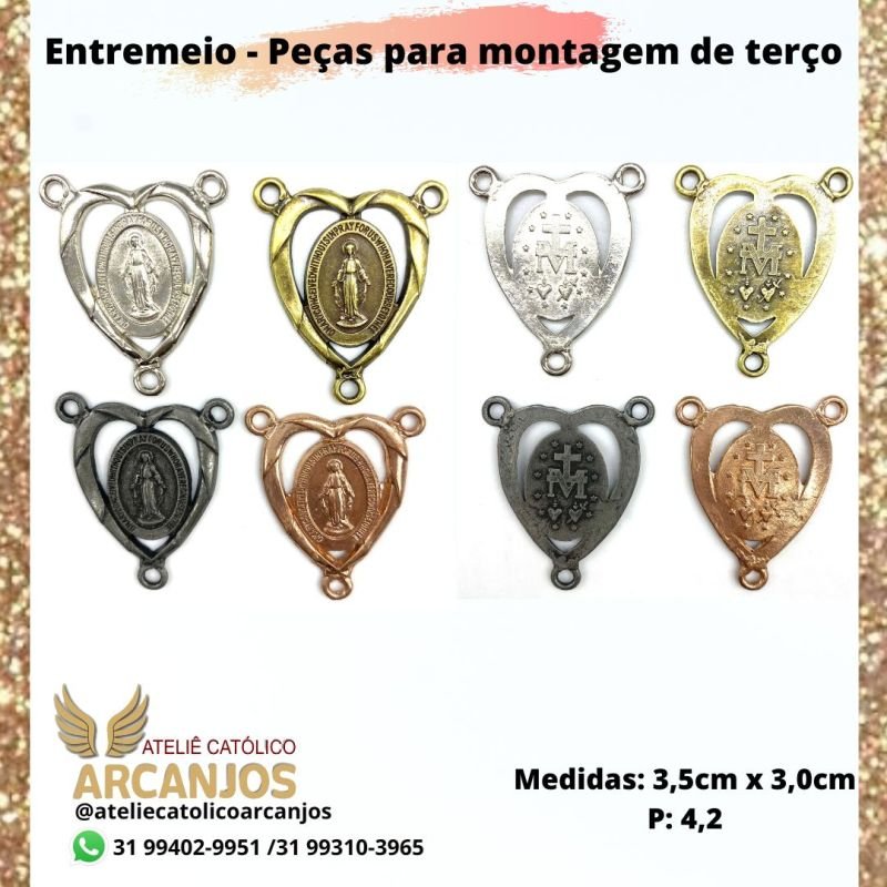 Entremeio N.Sra das Graças Vazado (coração)- Medida: 3,5 x 3,0 cm (Pacote c/ 5 unidades)
