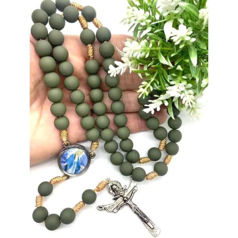 Cod: SN2074/10mm Terço Mariano 10mm (Cor Verde Militar Musgo Emborrachado)