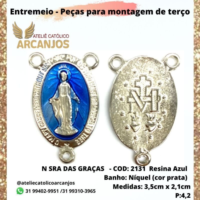 Entremeio N.Sra das Graças resinada em azul - Medida: 3,5 x 2,1cm (Pacote c/ 5 unidades)