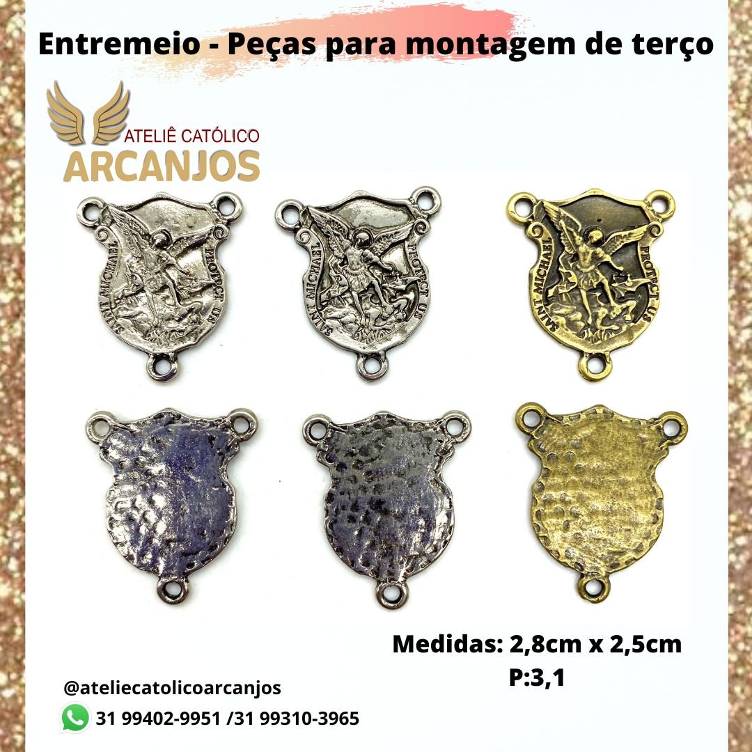 Entremeio escudo São Miguel Arcanjo (três pontas)- Medida: 2,8 x 2,5cm (Pacote c/ 5 unidades)