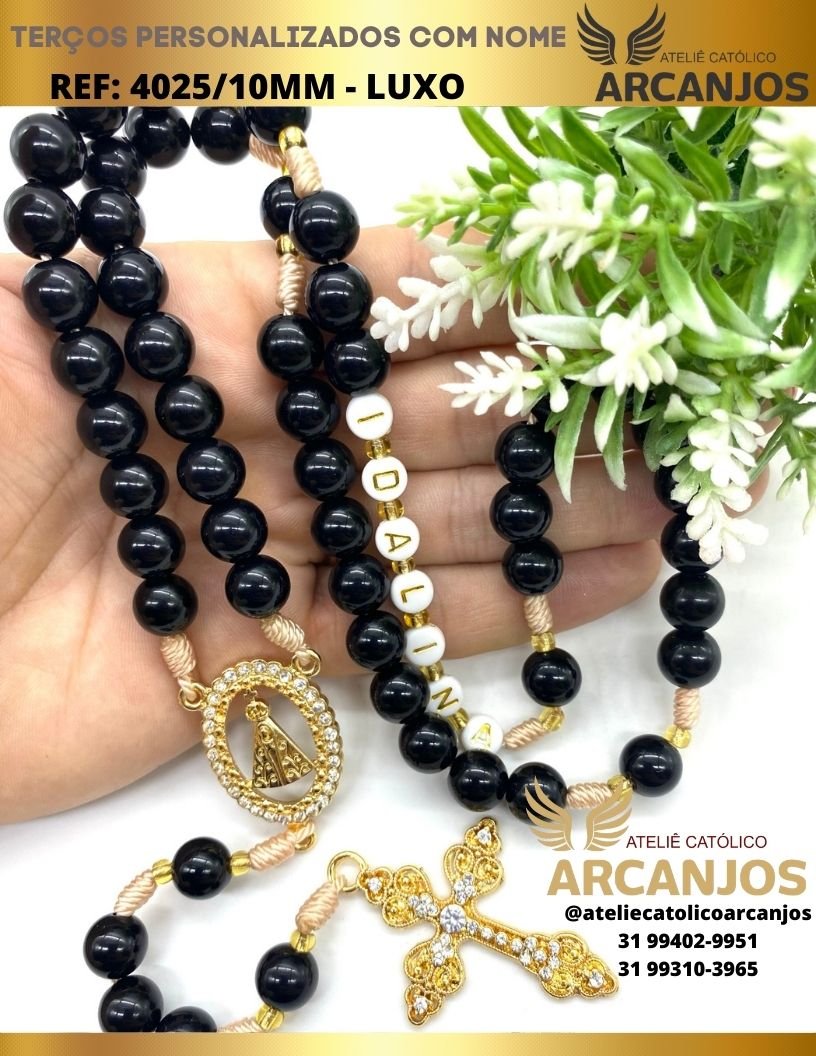 Terço Personalizado Modelo Luxo - REF:4025/10MM (Peças Adornadas em Strass)