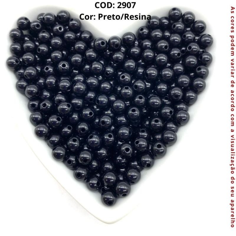 Cod:2907-Bolinha c/ furo passante Preto - Resina 6mm