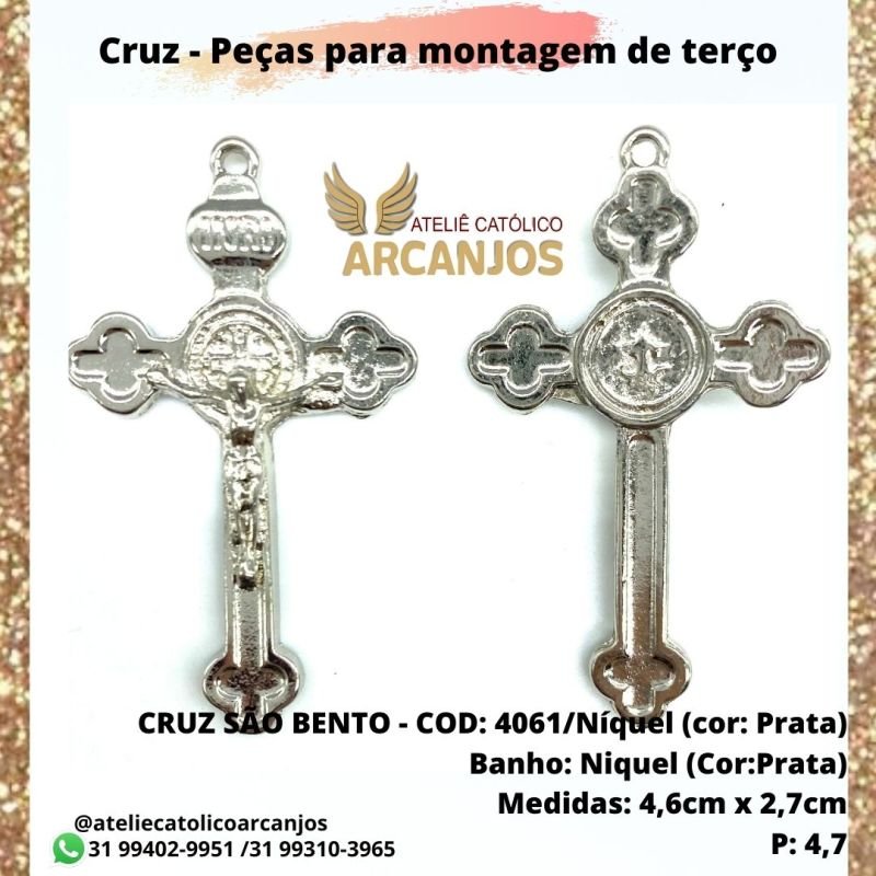 Cod:4061 Cruz São Bento Menor(Níquel Cor:Prata) - Medida: 4,6 x 2,7 cm (Pacote c/ 5 unidades)