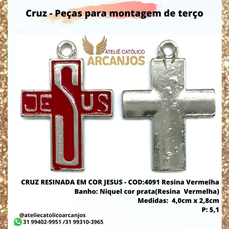 Cruz JESUS resinada em cores variadas - Medida: 4,0 x 2,8 cm (Pacote c/ 5 unidades)