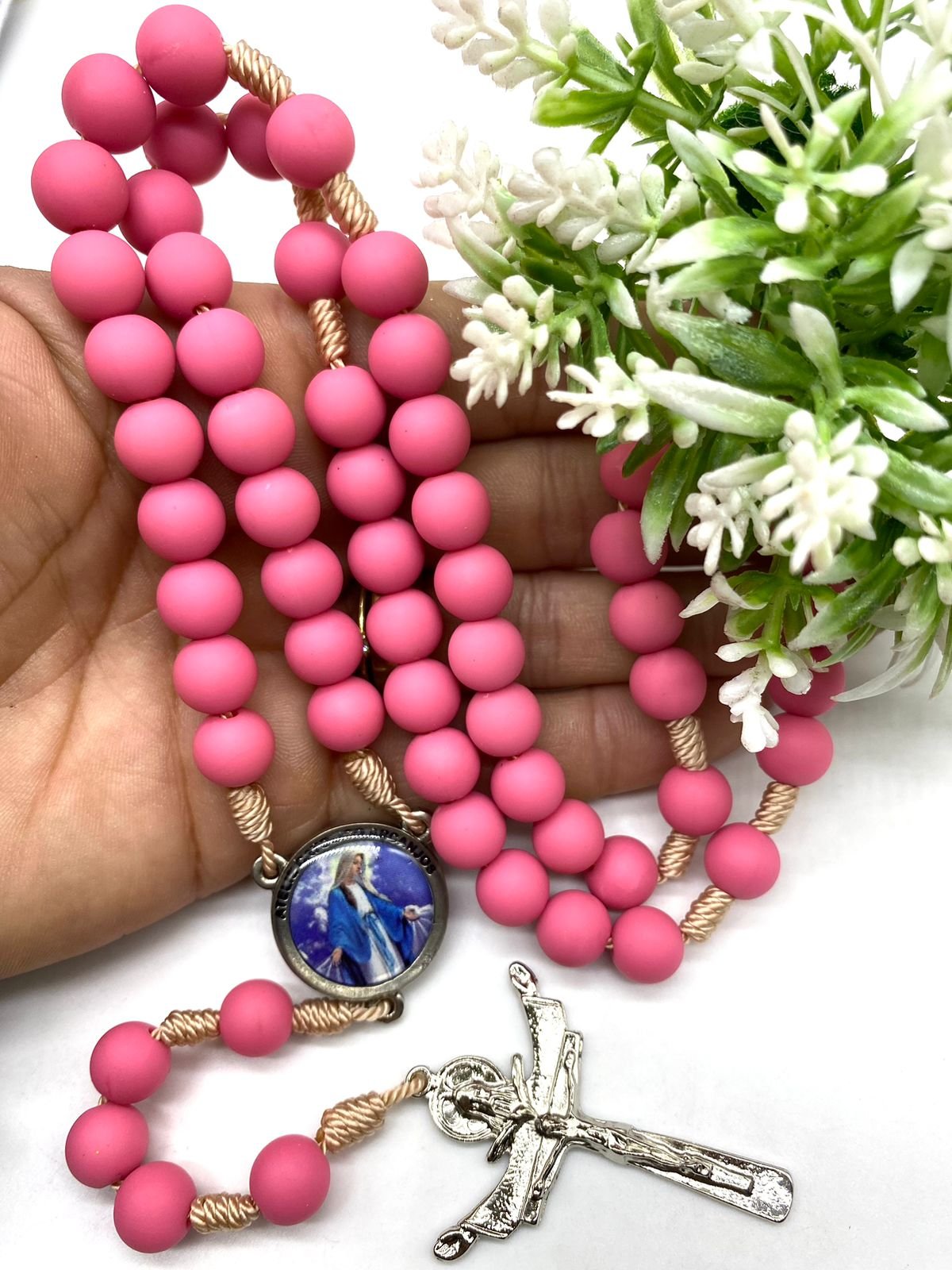 Cod: SN2044/10MM Terço Mariano 10mm (Cor: Rosa Pink Emborrachado)