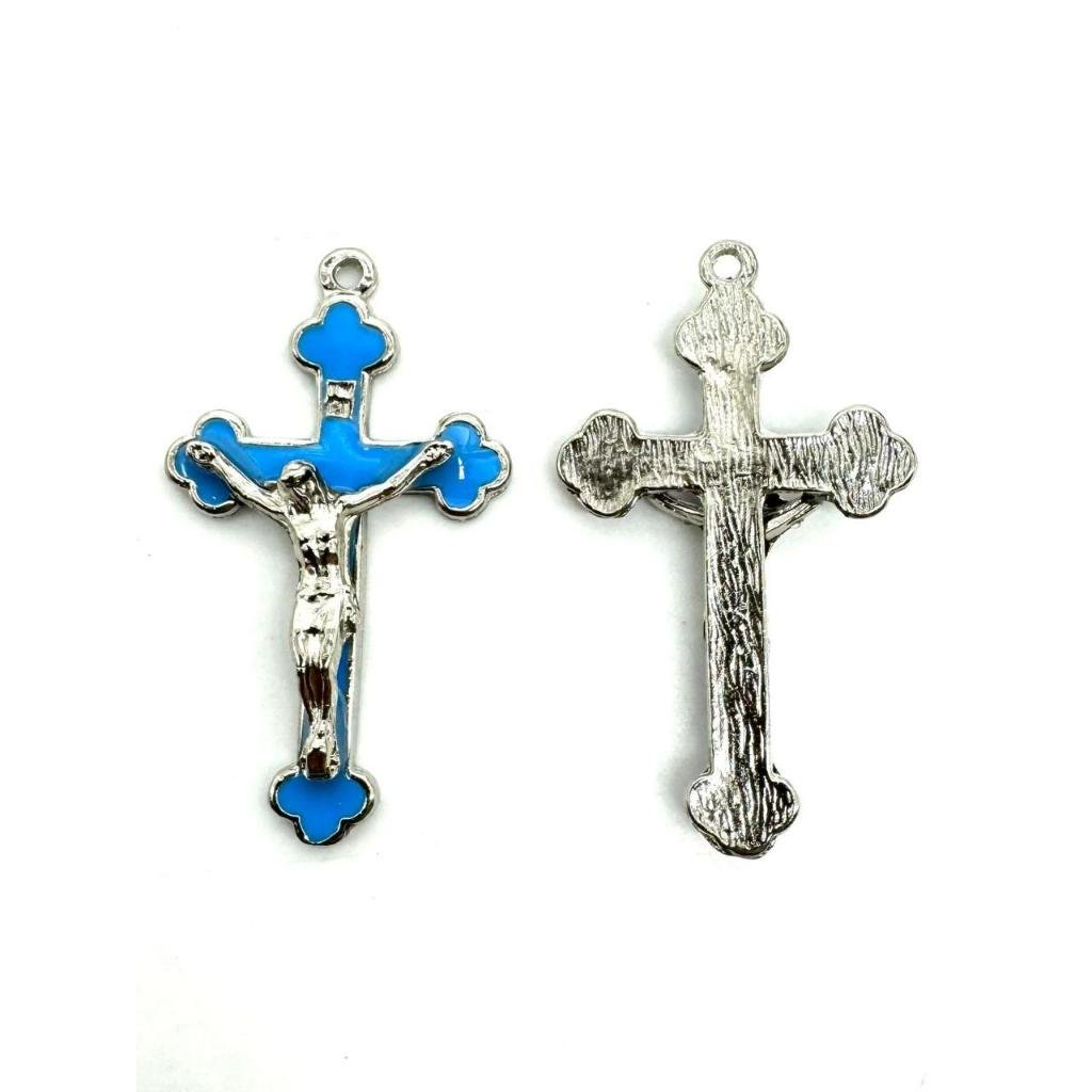 COD:4031/561 - Cruz Resinada - Cor Azul - 5,5 X 3,2 CM Banho Níquel Prata