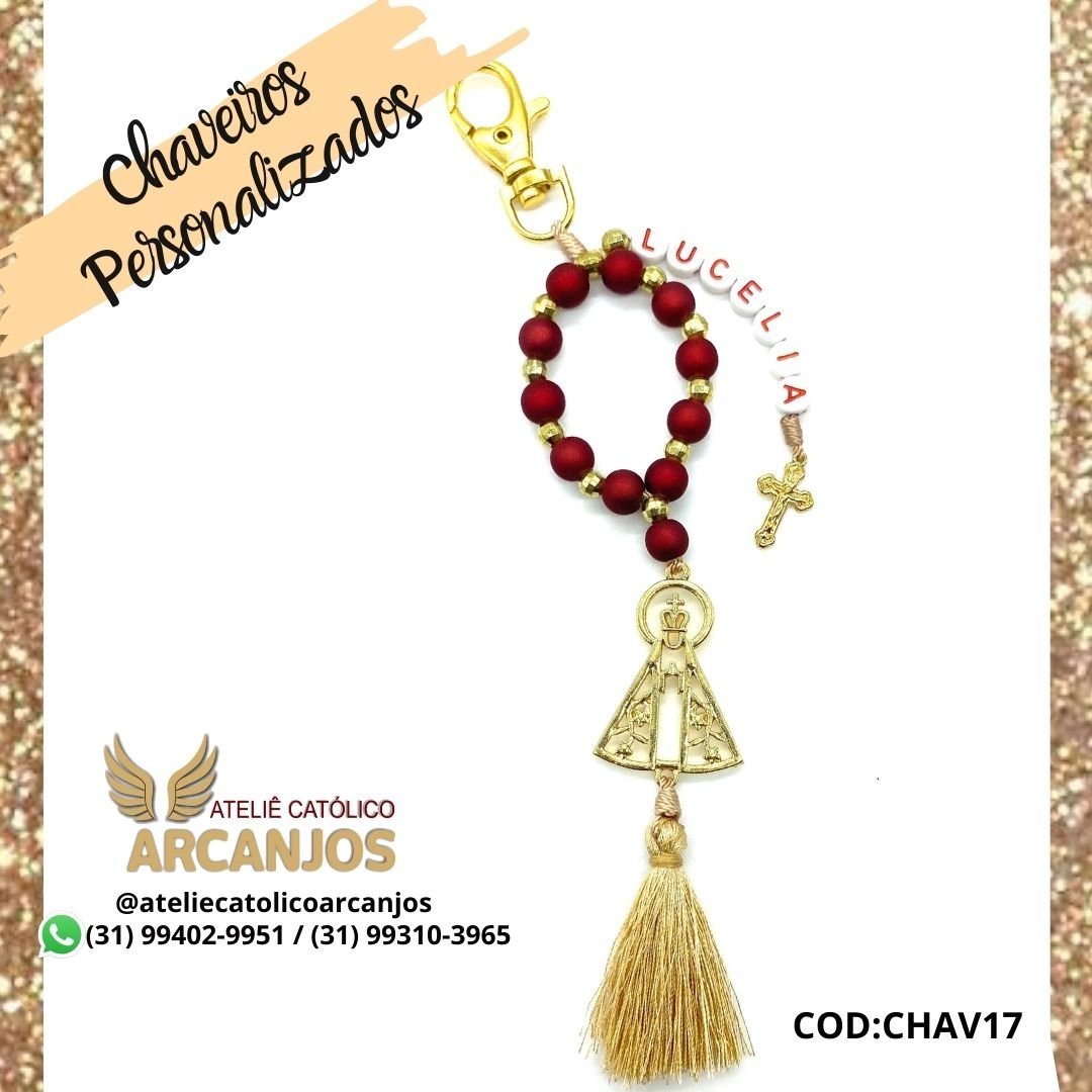 Cod:CHAV17-Chaveiro Personalizado-Vermelho Brilhante-1nome (Letra vermelha com fundo branco redonda) com Pompom(Tassel) Dourado