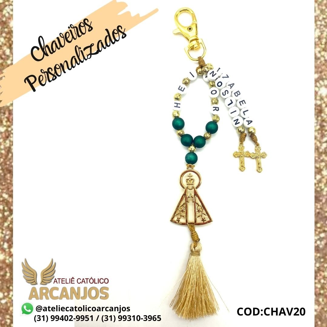 Cod:CHAV20-Chaveiro Personalizado-Verde Brilhante-1 nome ( Letra Preta com fundo branco redonda) - Pompom(Tassel) Dourado
