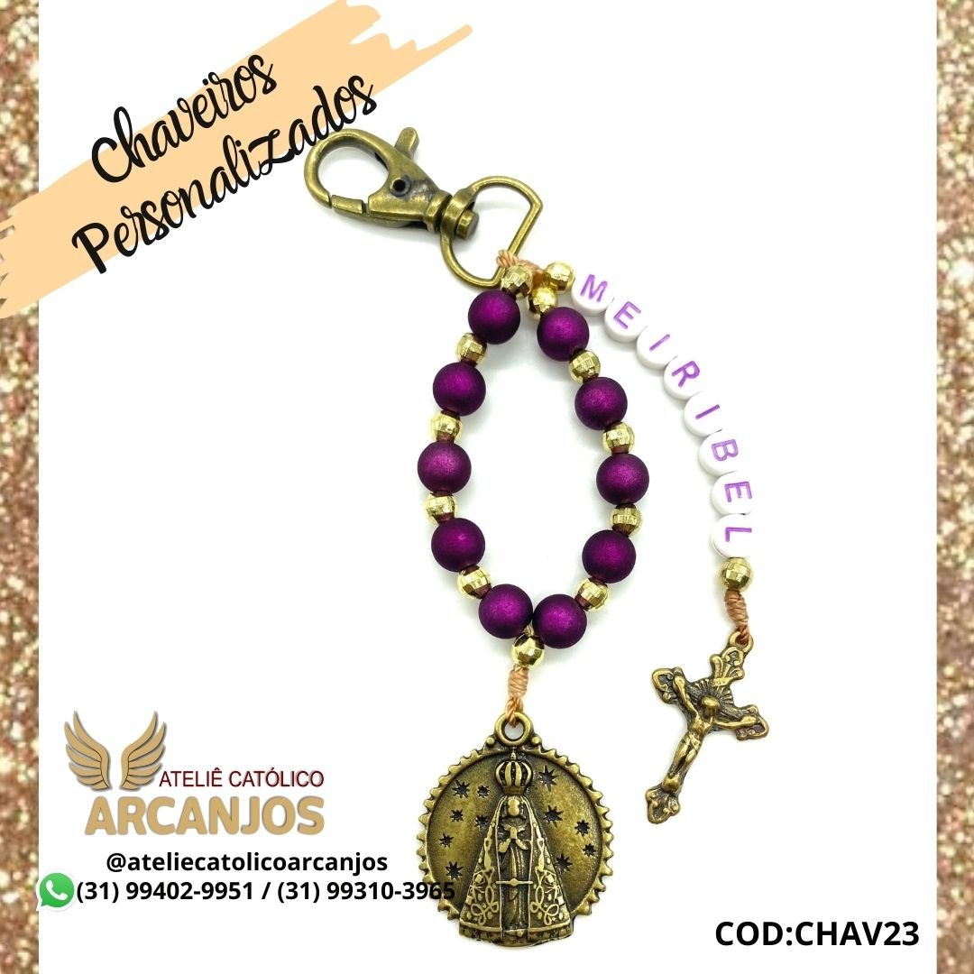 Cod:CHAV23-Chaveiro Personalizado-Roxo Brilhante-1 nome ( Letra LIlás c/ fundo branco redonda) - Medalha Nsra Aparecida