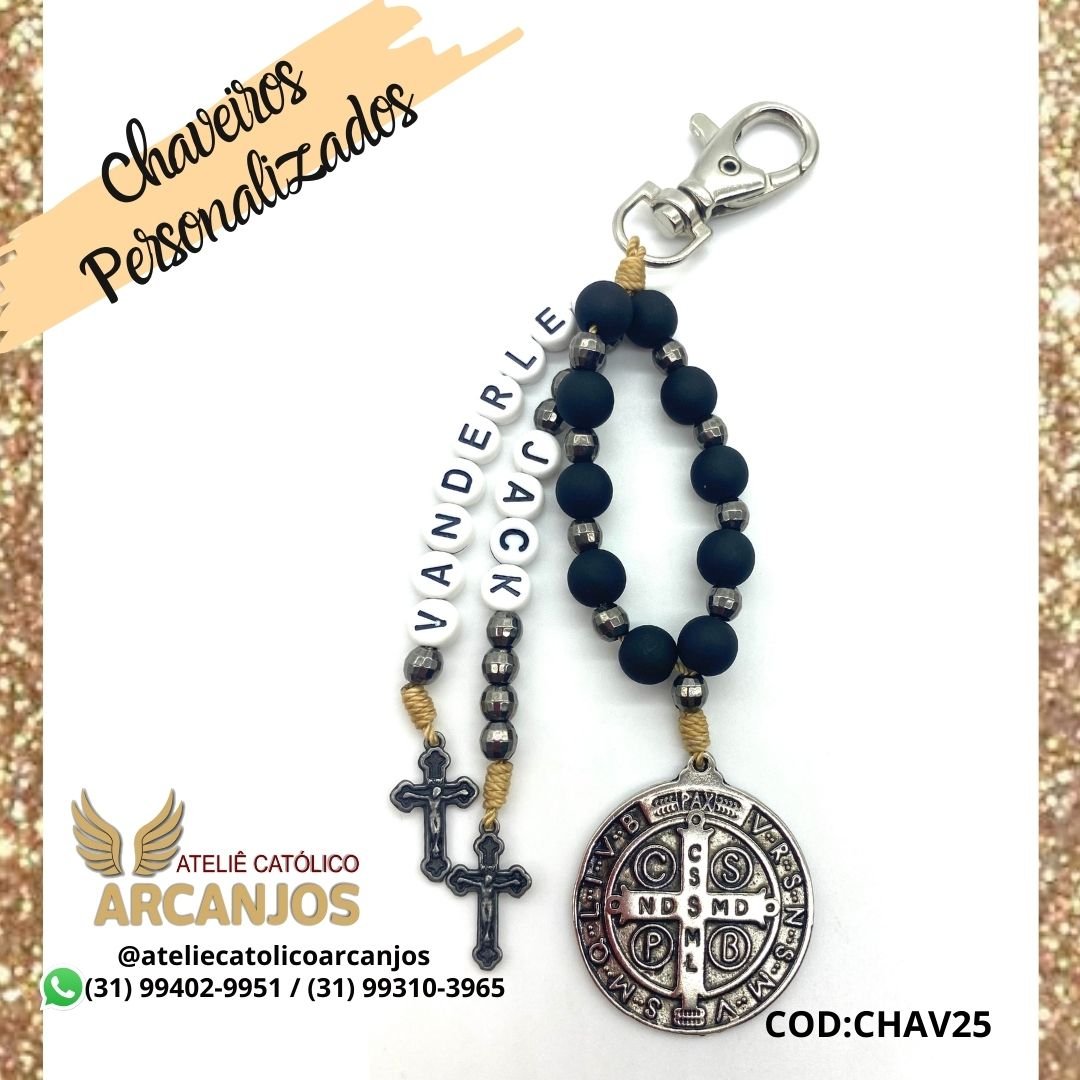 Cod:CHAV25-Chaveiro Personalizado-Azul Marinho-1 nome ( Letra Preta c/ fundo branco redonda) - Medalha São Bento