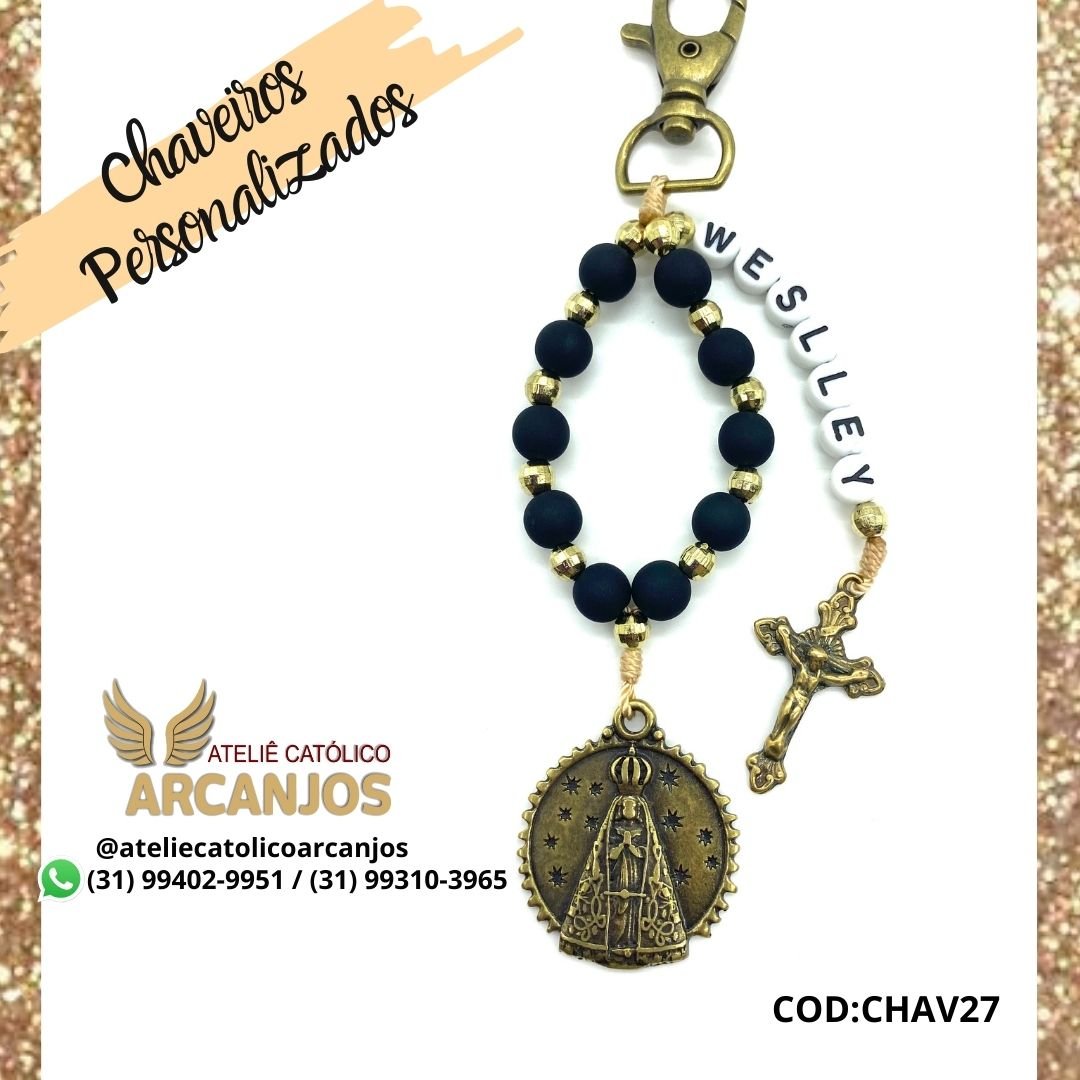 Cod:CHAV27-Chaveiro Personalizado-Azul Marinho -1 nome ( Letra Preta c/ fundo branco redonda) - Medalha Nsra Aparecida