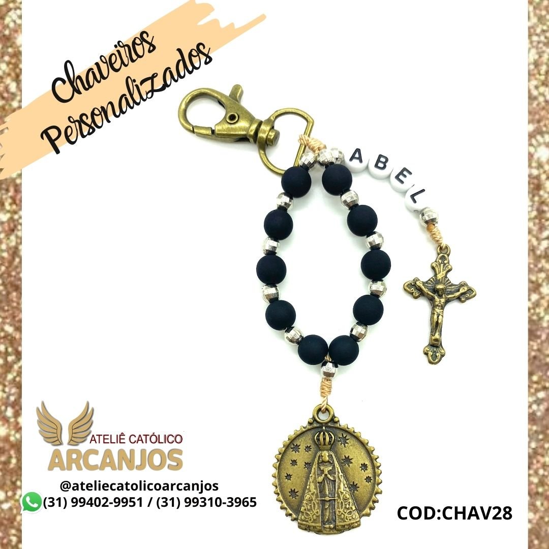 Cod:CHAV28-Chaveiro Personalizado-Azul Marinho -1 nome ( Letra Preta c/ fundo branco redonda) - Medalha Nsra Aparecida