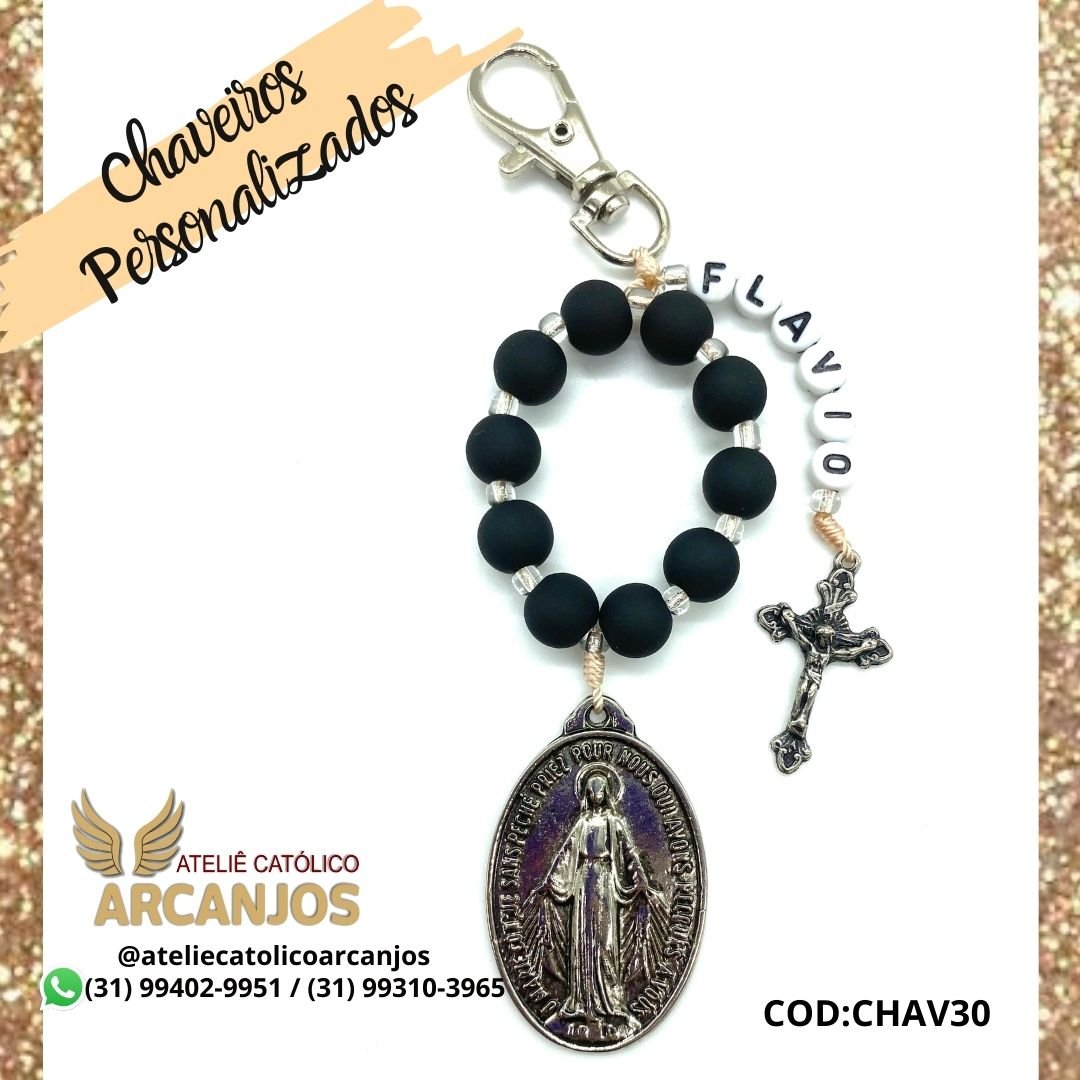 Cod:CHAV30-Chaveiro Personalizado-Preto Embo-1 nome ( Letra Preta c/ fundo branco redonda) -Medalha Nsra das Graças