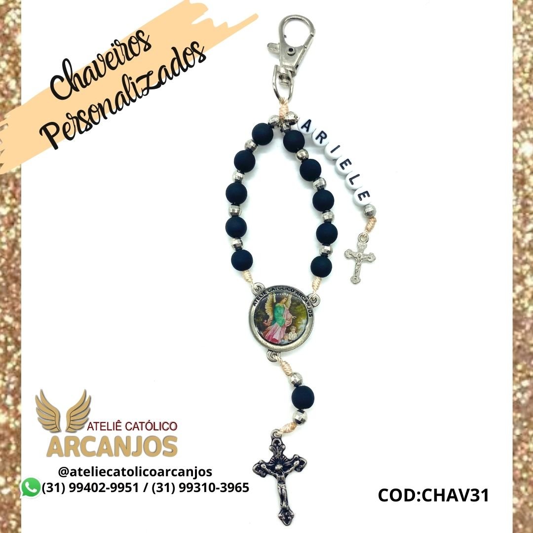 Cod:CHAV31-Chaveiro Personalizado-Azul Marinho 1 nome ( Letra Preta c/ fundo branco redonda) -Medalha Ateliê