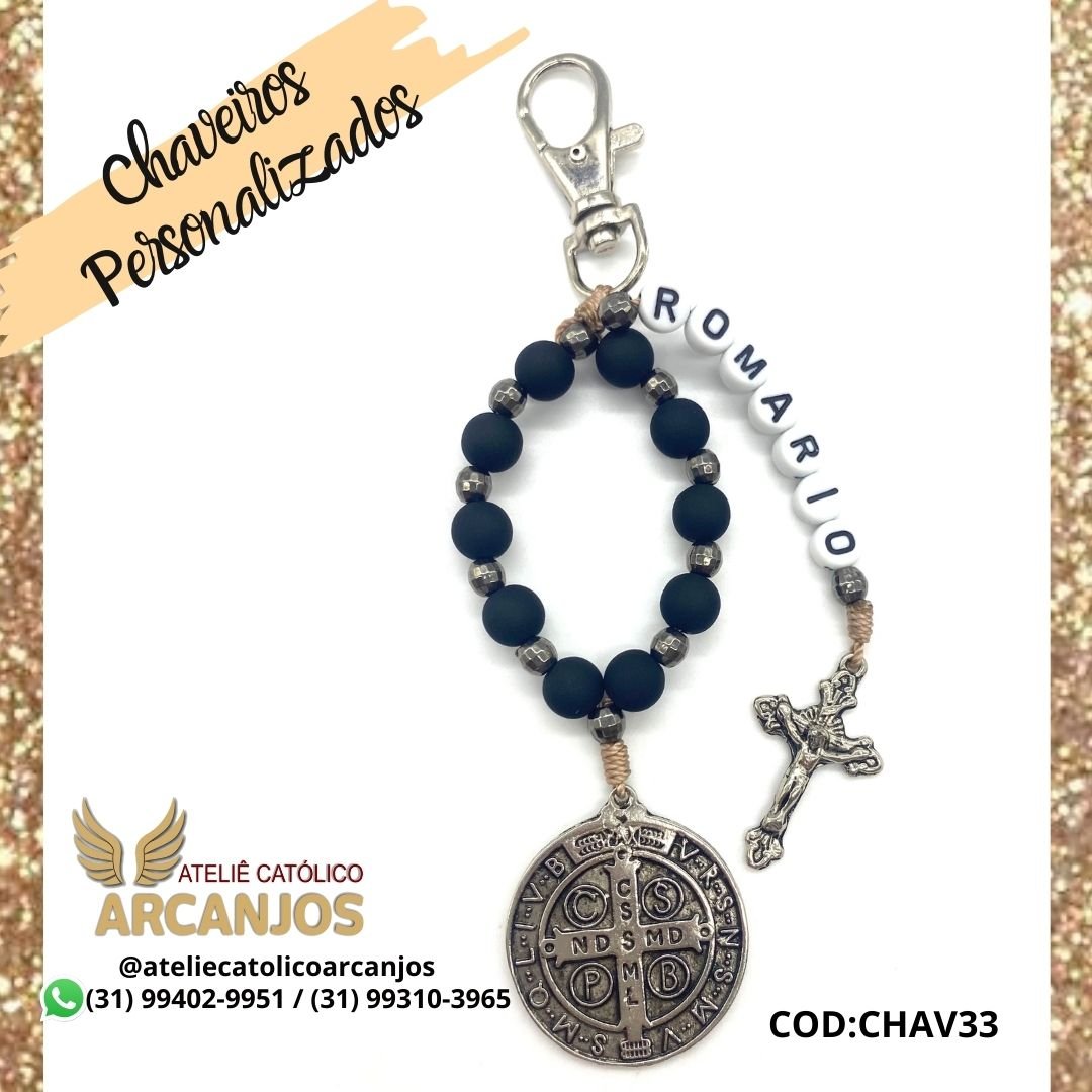 Cod:CHAV33-Chaveiro Personalizado-Azul Marinho 1 nome ( Letra Preta c/ fundo branco redonda) -Medalha São Bento