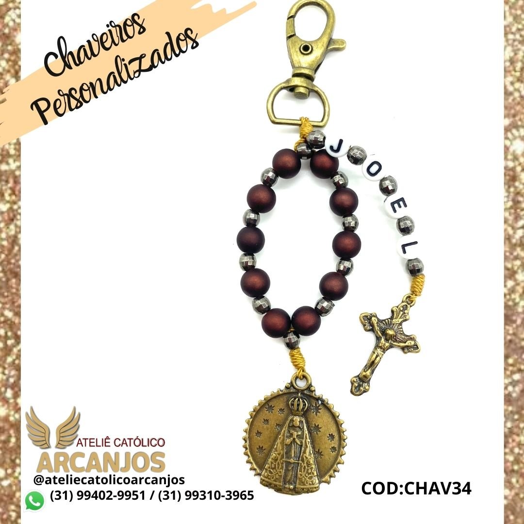 Cod:CHAV34-Chaveiro Personalizado-Marron Brilhante 1 nome ( Letra Preta c/ fundo branco redonda)-Medalha Nsra Aparecida