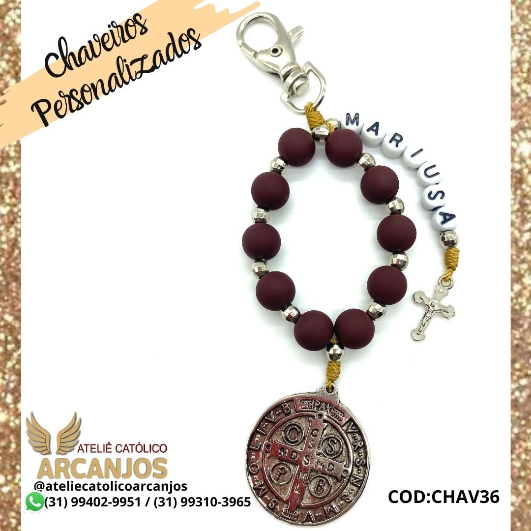 Cod:CHAV36-Chaveiro Personalizado-Marron Avermelhado 1 nome ( Letra Preta c/ fundo branco redonda)-Medalha São Bento