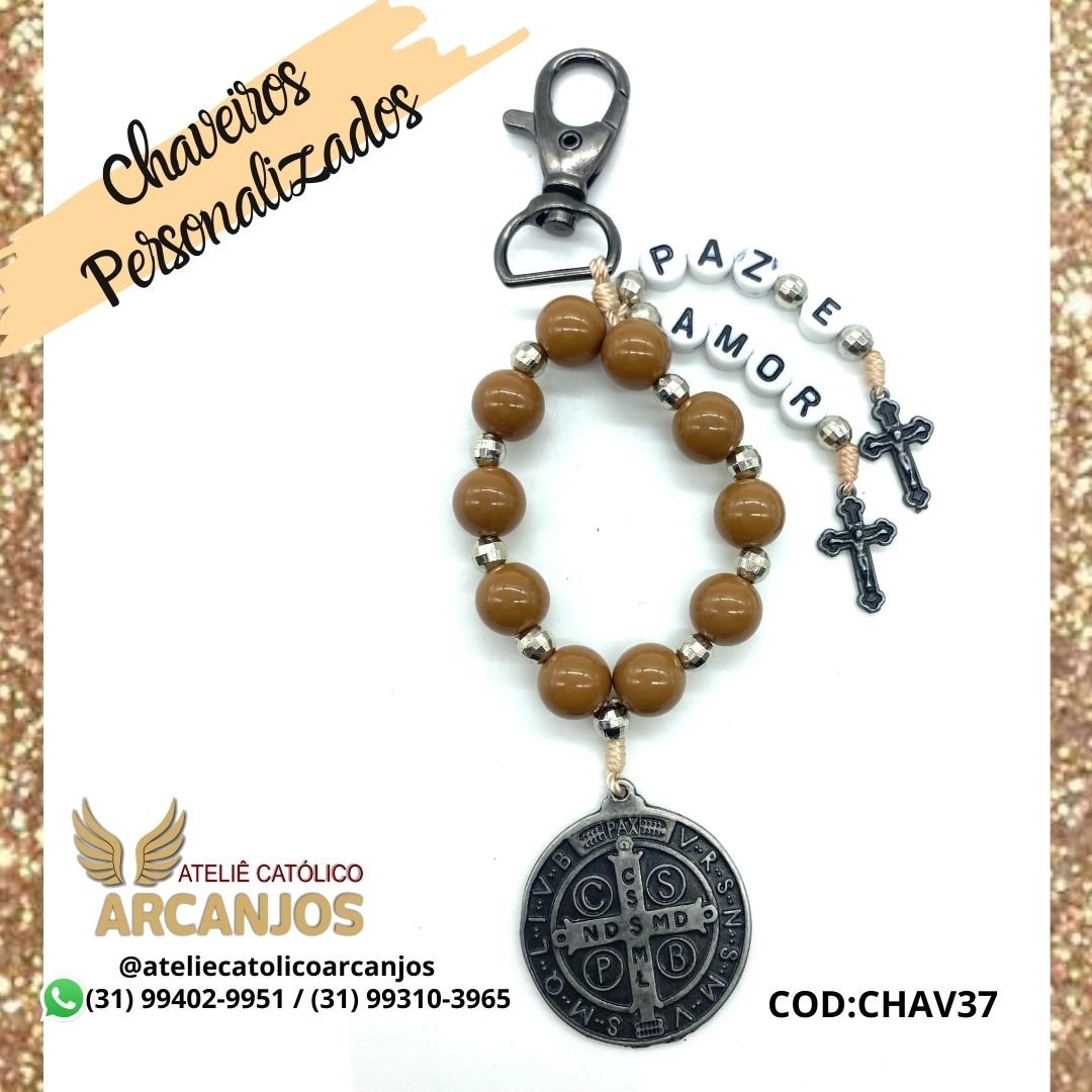 Cod:CHAV37-Chaveiro Personalizado-Marron resina 1 nome ( Letra Preta c/ fundo branco redonda)-Medalha São Bento Grafite