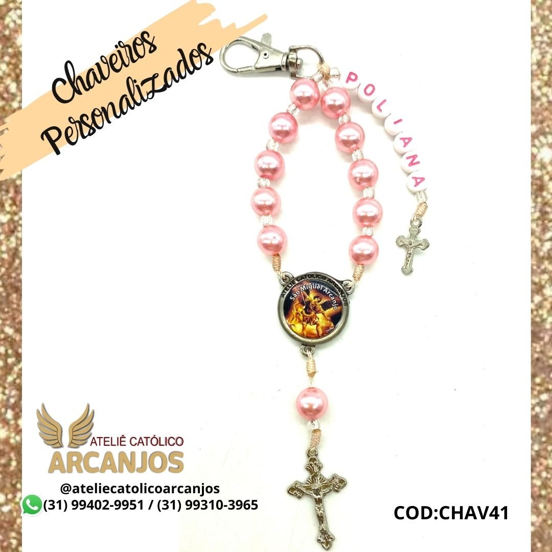 Cod:CHAV41-Chaveiro Personalizado-Rosa Perolado 1 nome ( Letra Rosa c/ fundo branco redonda)-Medalha Ateliê