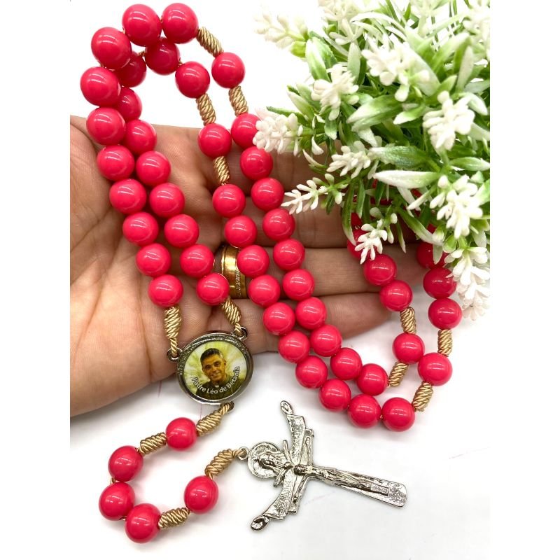 Cod: 2964 - Terço Padre Léo - Rosa pink - Resina