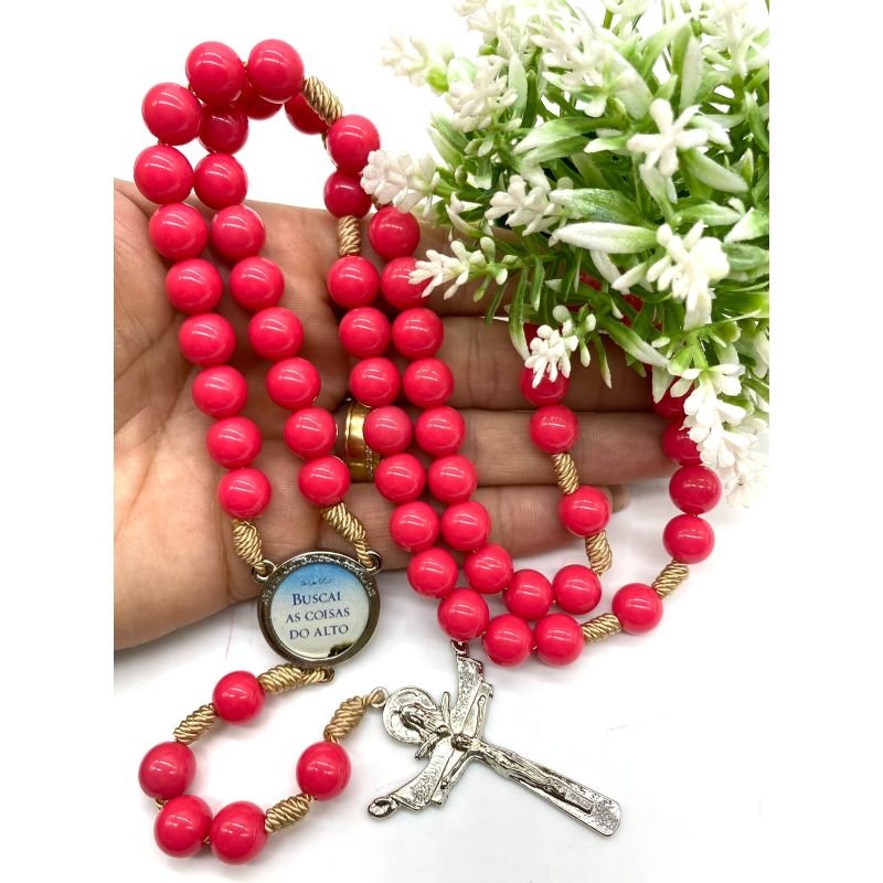 Cod: 2964 - Terço Padre Léo - Rosa pink - Resina
